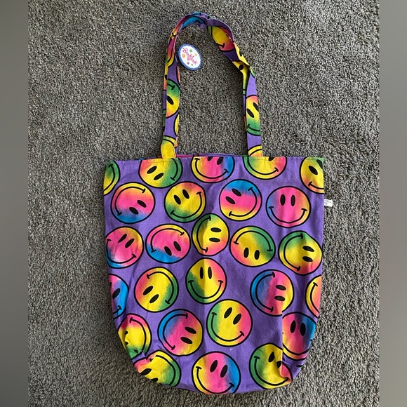 NWT Bunk Junk Neon Multicolor Smiley Face Medium Size Retro Colorful Tote Bag - Picture 5 of 15